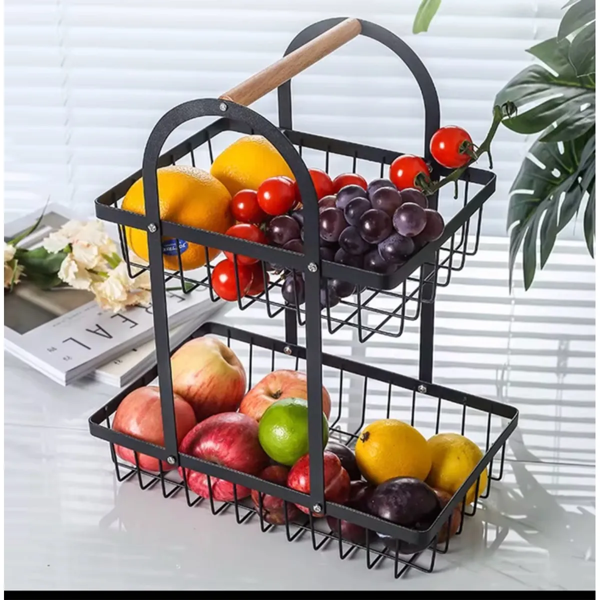 GENERICO - Frutero Organizador 2 Niveles Negro con Mango de Madera Natural