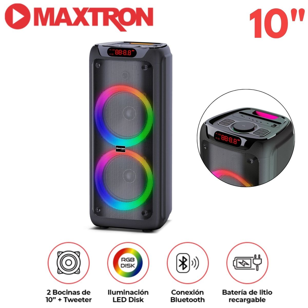 MAXTRON - Torre de Sonido Maxtron Mx 1001 Zenith 02 Bocinas 10 pulgadas Función DSP LED Disk