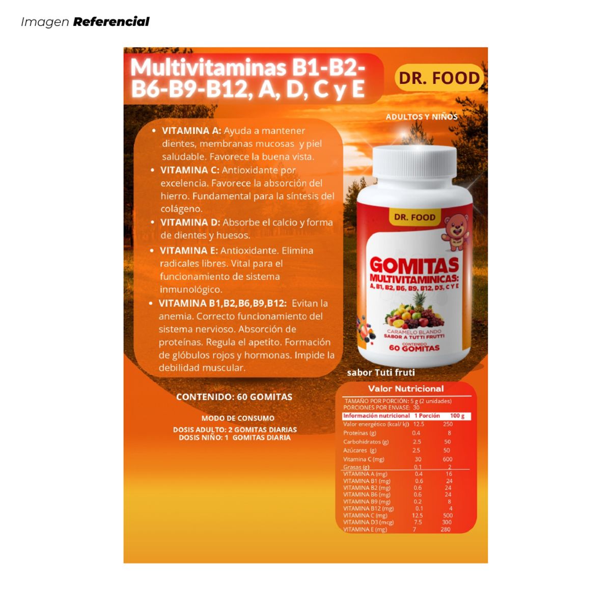 GENERICO - Gomitas Multivitamínicas B1 B2 B6 B9 B12 A D C y E Sabor Tutti Frutti DR Food