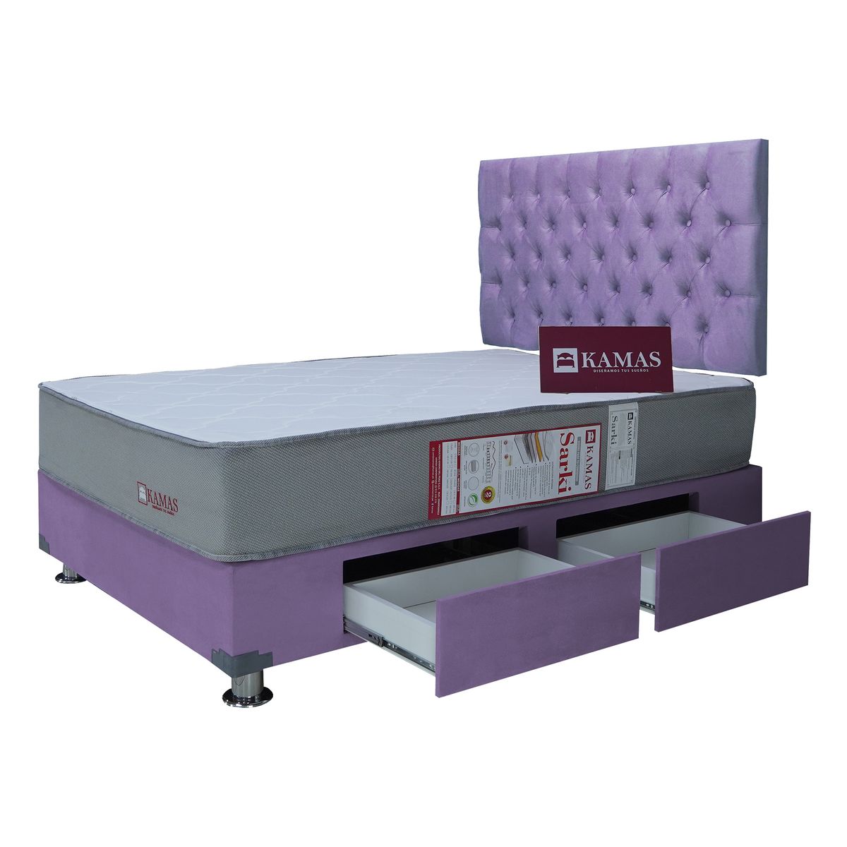 KAMAS - DORMITORIO 2 PLAZAS KAMAS SARKI CON 2 CAJONES + CABECERA AEREA CAPITONEADO - LILA