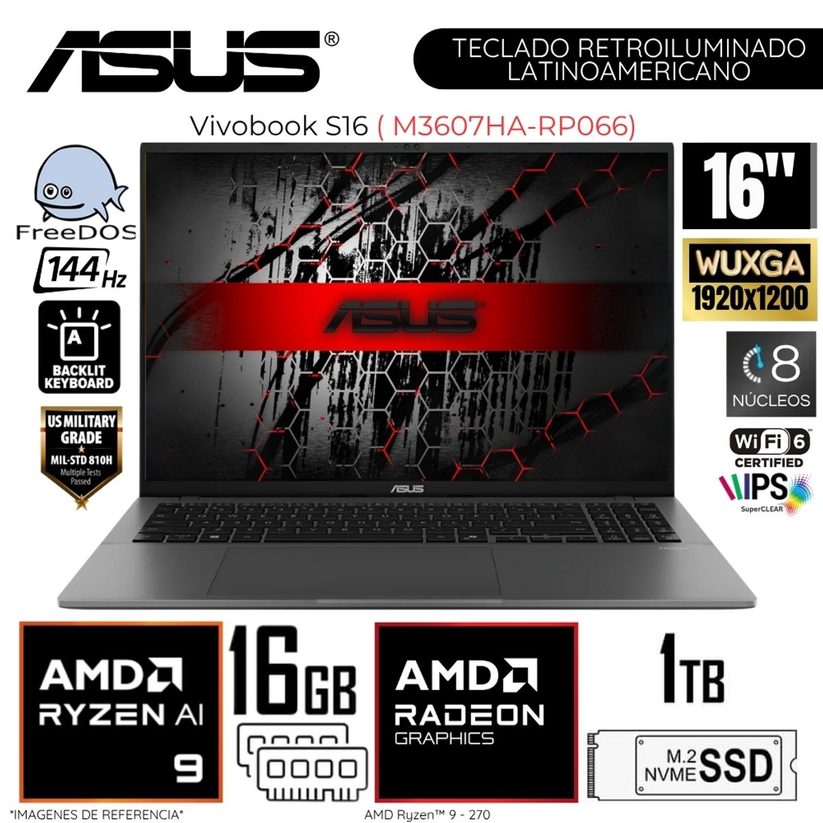 ASUS - Laptop Asus Vivobook S16 M3607HA-RP066  AMD Ryzen 9 270 16GB DDR5 RAM 1TB SSD 16"  WUXGA FreeDos