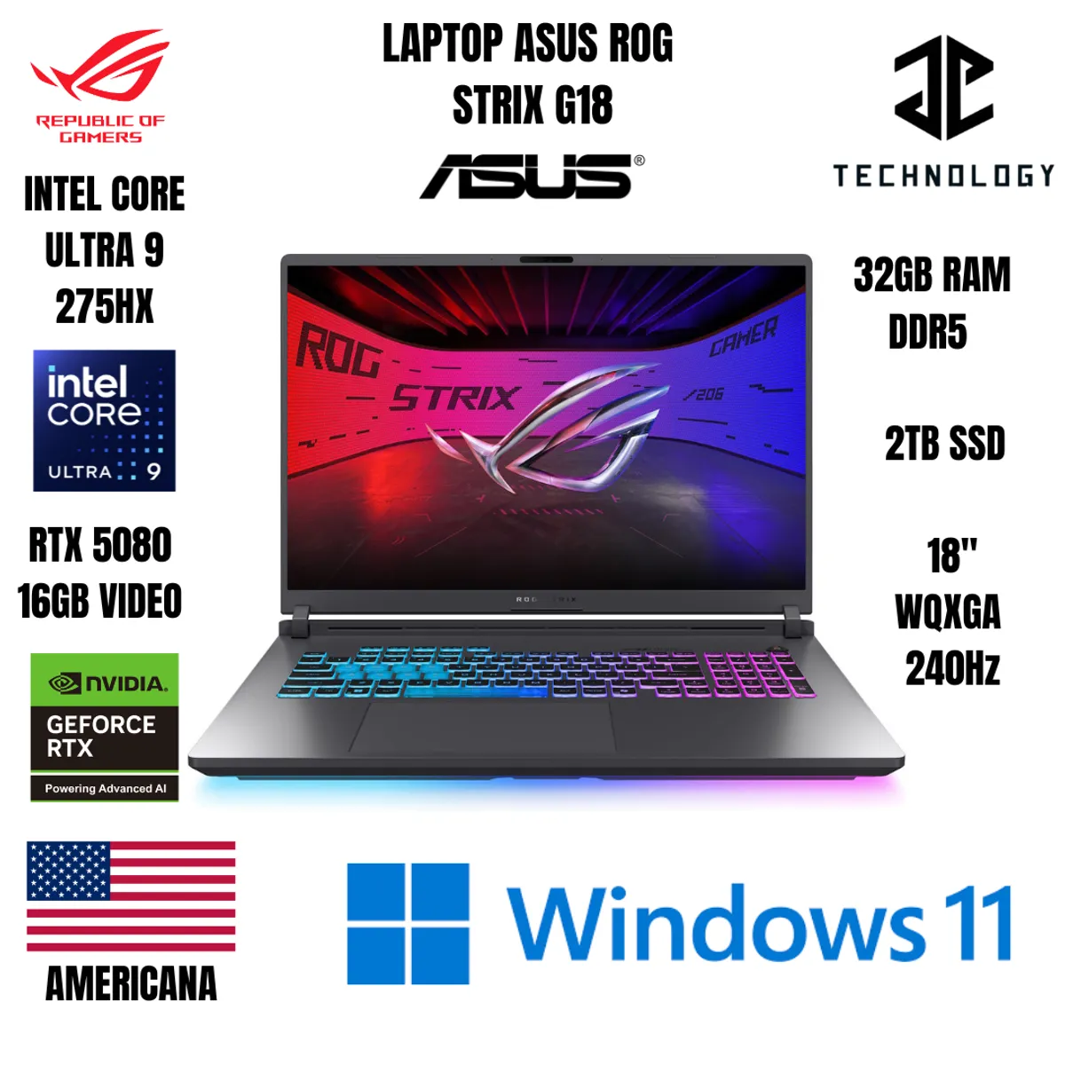 ASUS - LAPTOP ASUS ROG STRIX G18 ULTRA 9 275HX / 32GB RAM DDR5 / 2TB SSD / RTX 5080 16GB VIDEO.