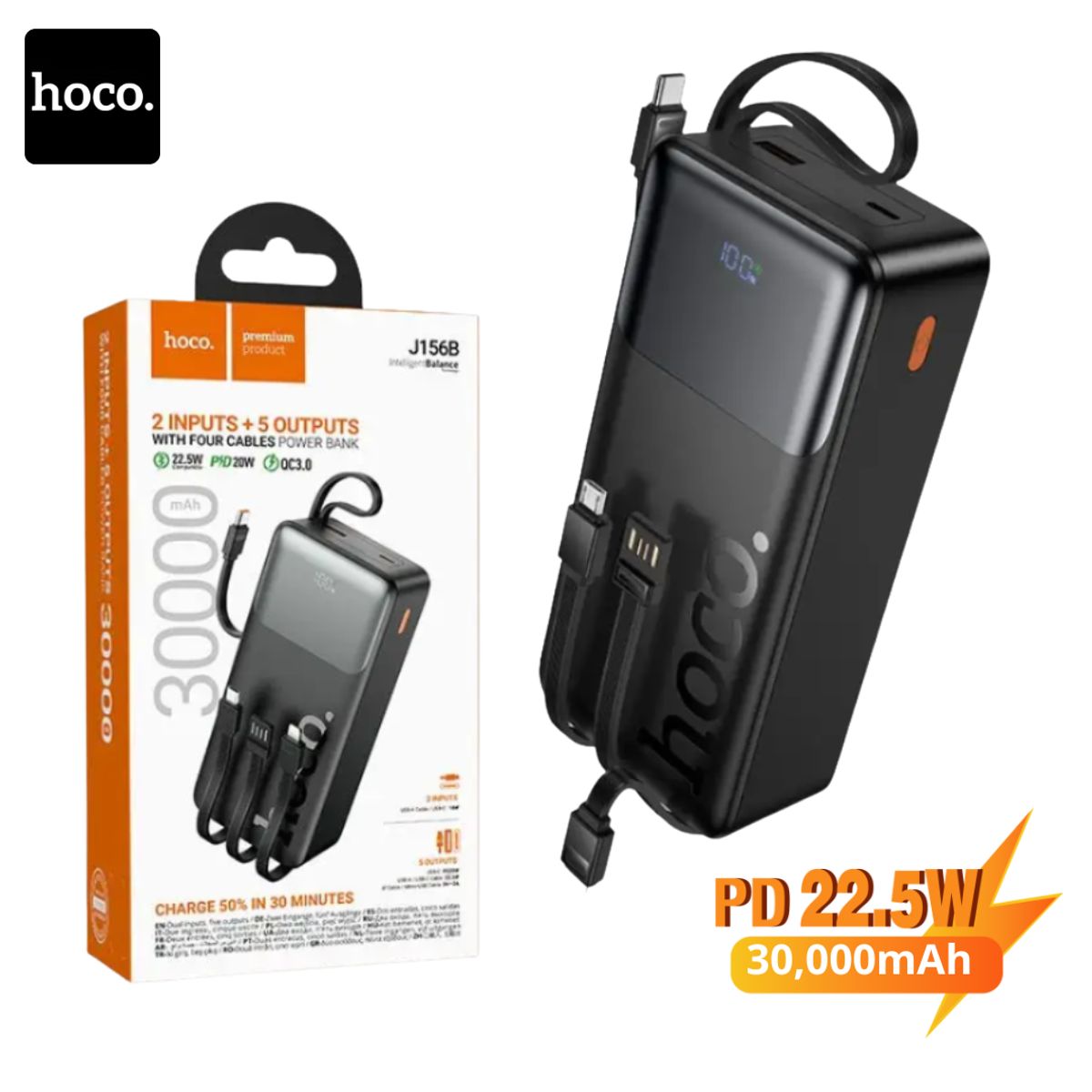 HOCO - Cargador Portatil Batería Carga Rapida Hoco 30000mAh 22W Cables Integrados USB Tip-c lightning