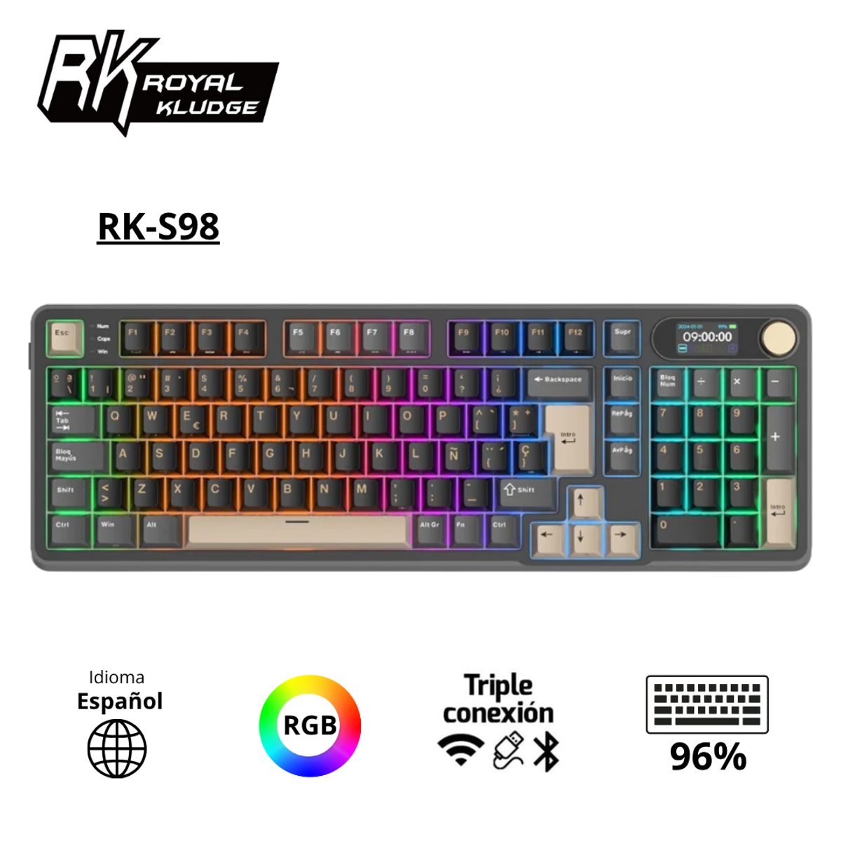 ROYAL KLUDGE - Teclado Royal Kludge RK-S98 Inalambrico PHANTOM - CHARTREUSE SWITCH