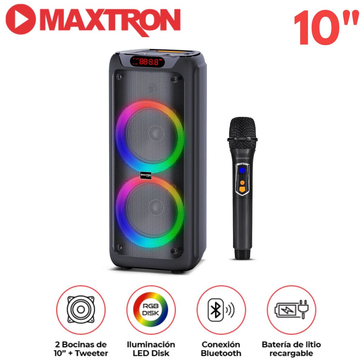 MAXTRON - Torre de Sonido Maxtron Mx 1001 Zenith 02 Bocinas 10 pulgadas 01 Micrófono LED Disk