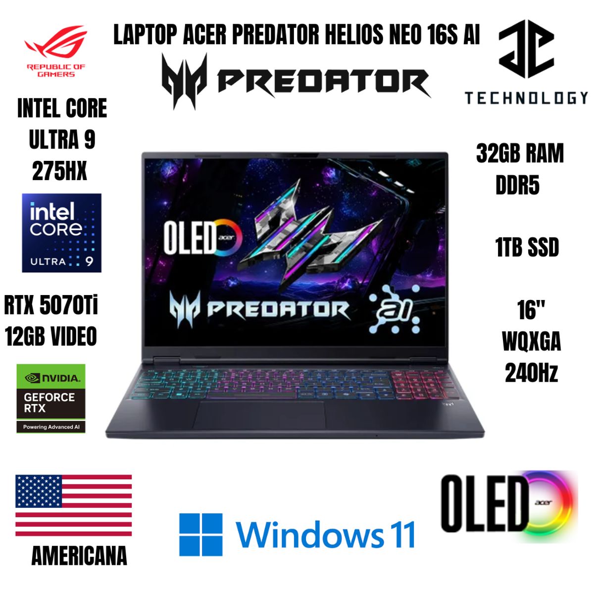ACER - LAPTOP ACER PREDATOR NEO 16S AI ULTRA 9 275HX / 32GB RAM DDR5 / 1TB SSD / RTX 5070Ti 12GB VIDEO