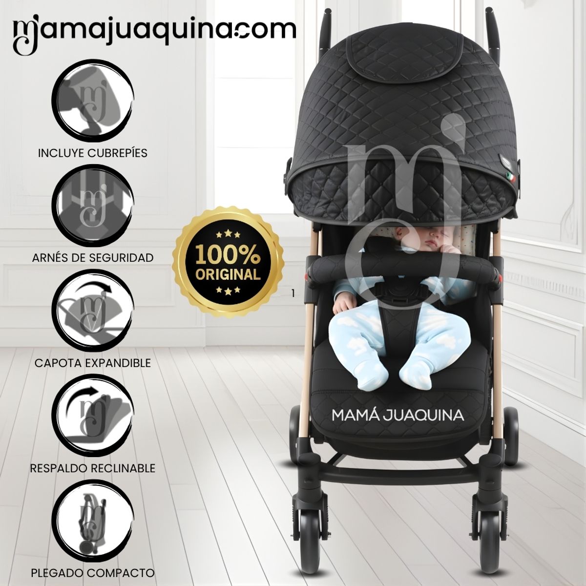 BABY - Coche Bastón de Lujo «SINNIA II» con Manillar Giratorio Black