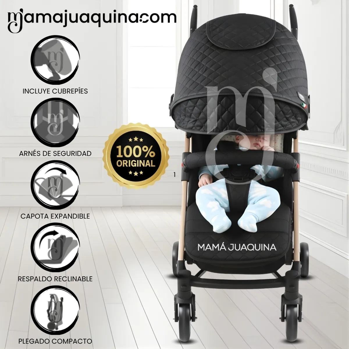 BABY - Coche Bastón de Lujo «SINNIA II» con Manillar Giratorio Black