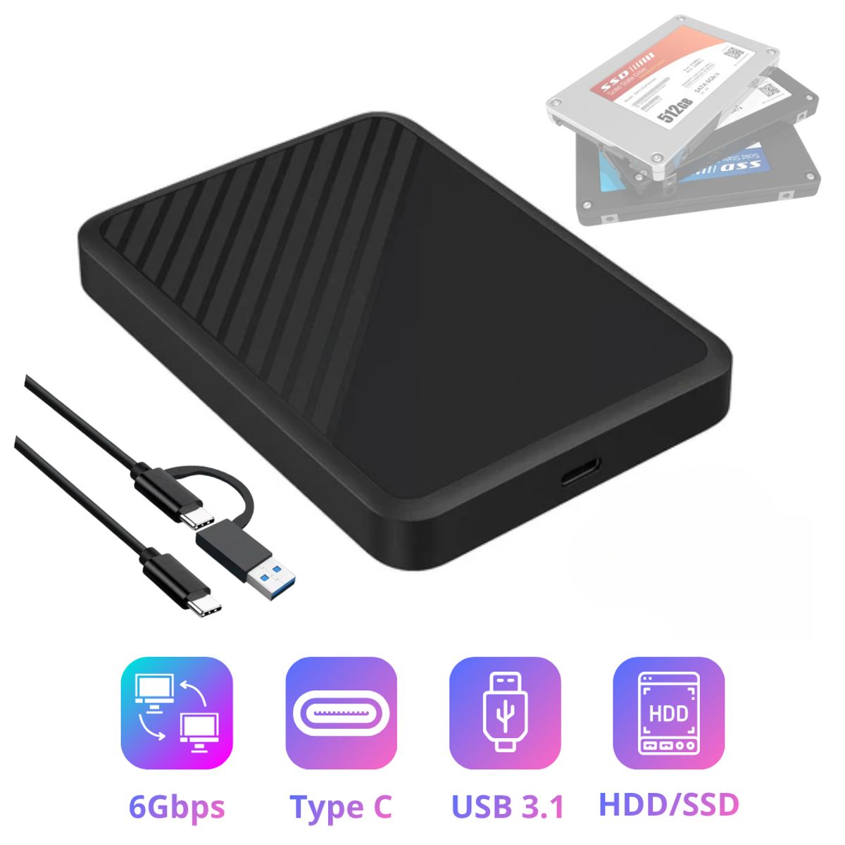 SEISA - Case para Disco Duro Externo HDD SSD Sata Seisa HD2501T USB Laptop PC Tipo C