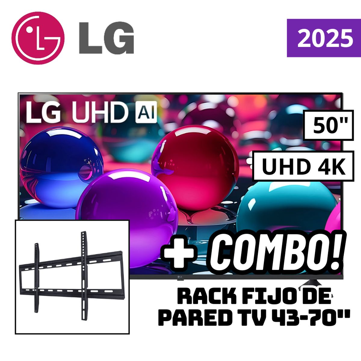 LG - TELEVISOR LG 50 SMART TV THINQ AI WEBOS HUB 4K UHD LED 2025 - 50UA7300PSB + RACK FIJO