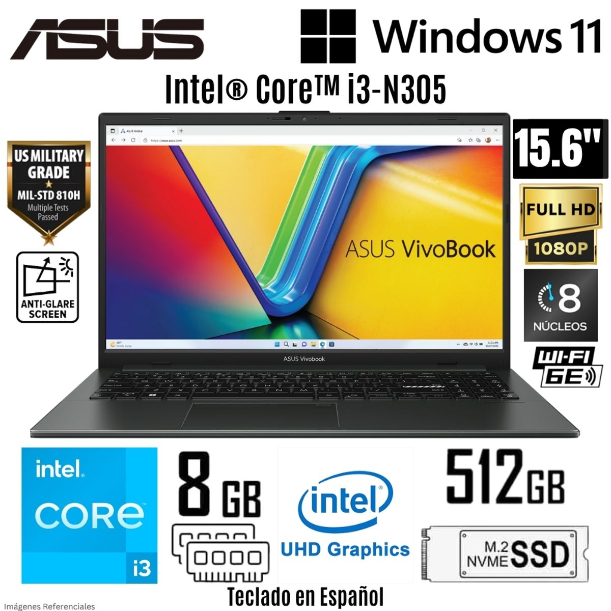 ASUS - Laptop ASUS Vivobook Go 15 E1504GA-BQ114 Intel Core i3-N305 8GB RAM 512GB SDD 15.6"  FHD Mixed Black