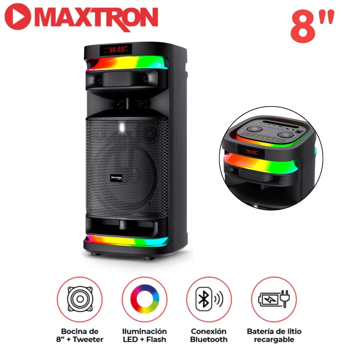 MAXTRON - Torre de Sonido Maxtron Mx 821 Stellar 01 Bocina 8 pulgadas 01 Micrófono LED + Flash