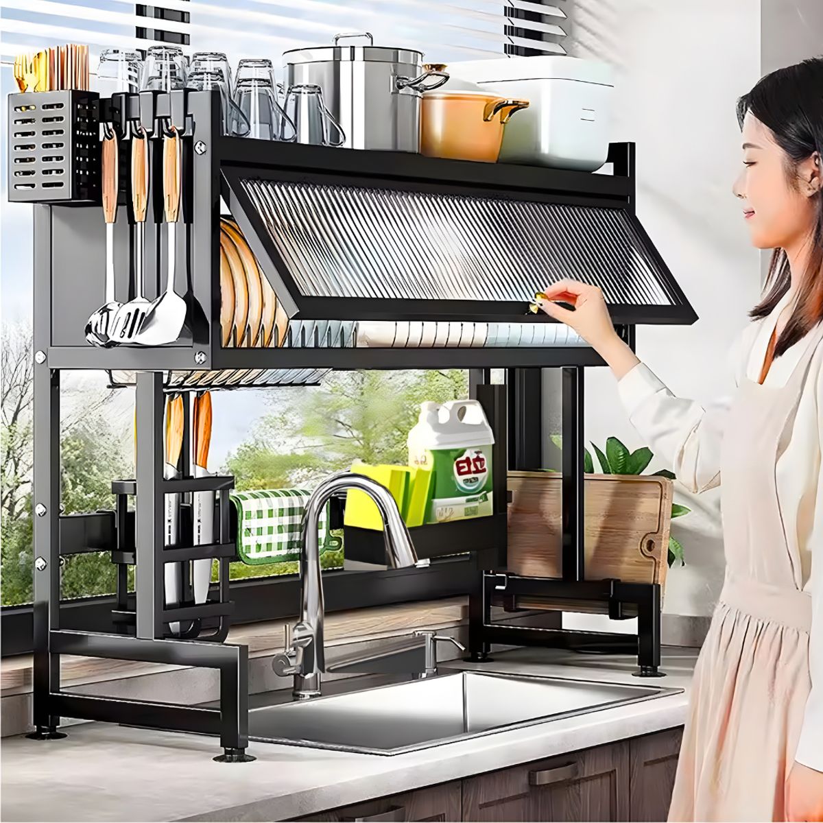 SM - ESCURRIDOR DE PLATOS 2 NIVELES CON GAVETA NEGRO 85 CM ACERO INOX. CROMADO