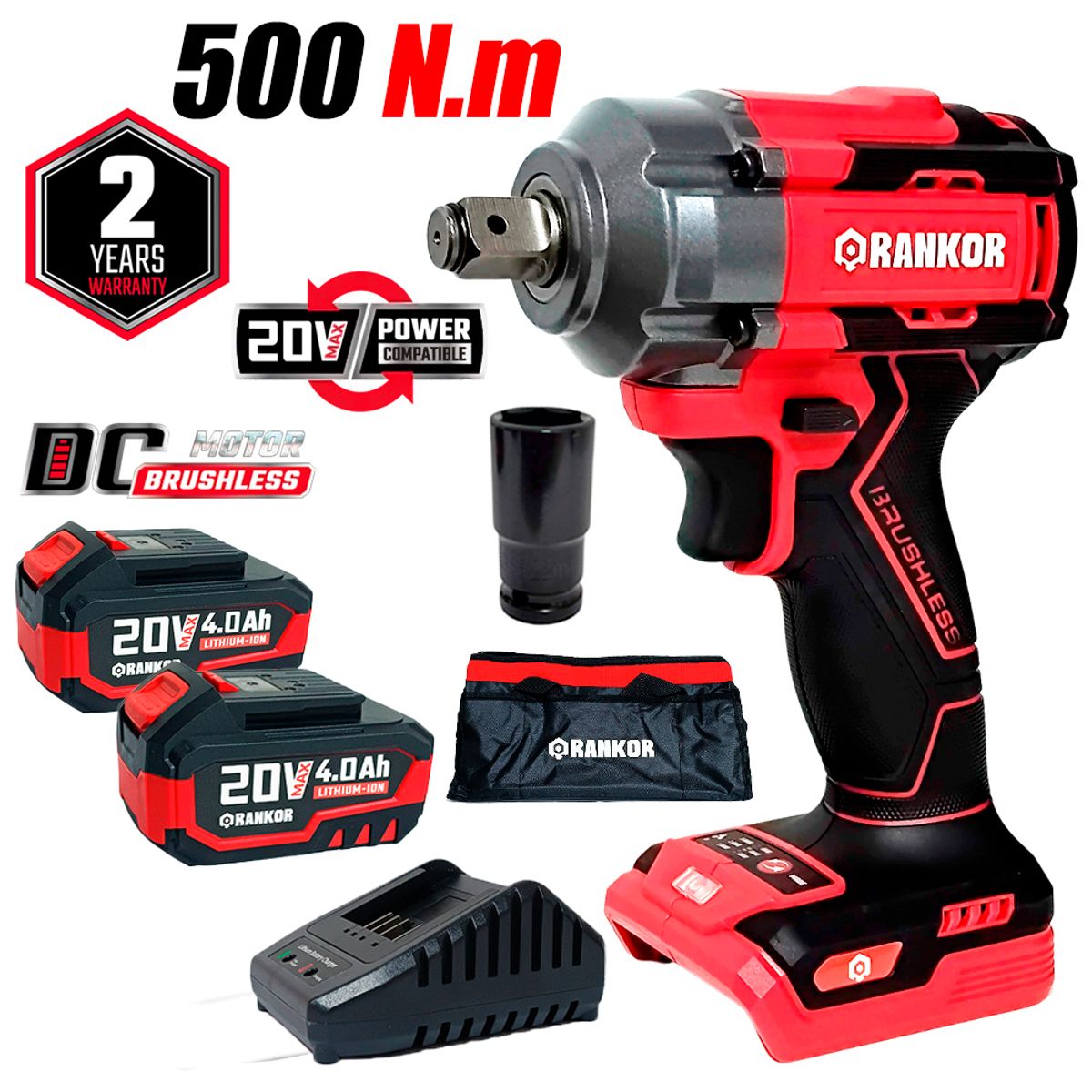 RANKOR - Llave de Impacto Inalambrica 1/2″ Rankor RLIW20002 20V 500Nm 2Bat x 4Ah Brushless