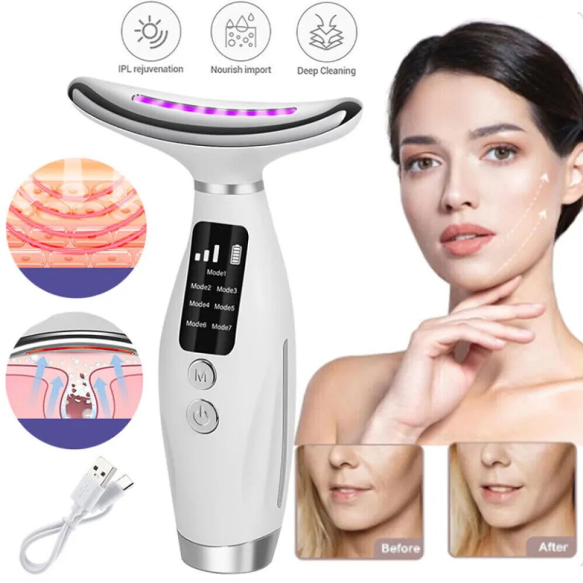 GENERICO - MASAJEADOR FACIAL DISPOSITIVO DE BELLEZA CARA Y CUELLO 5 EN 1 CON LUZ LED Y MASAJE VIBRANTE