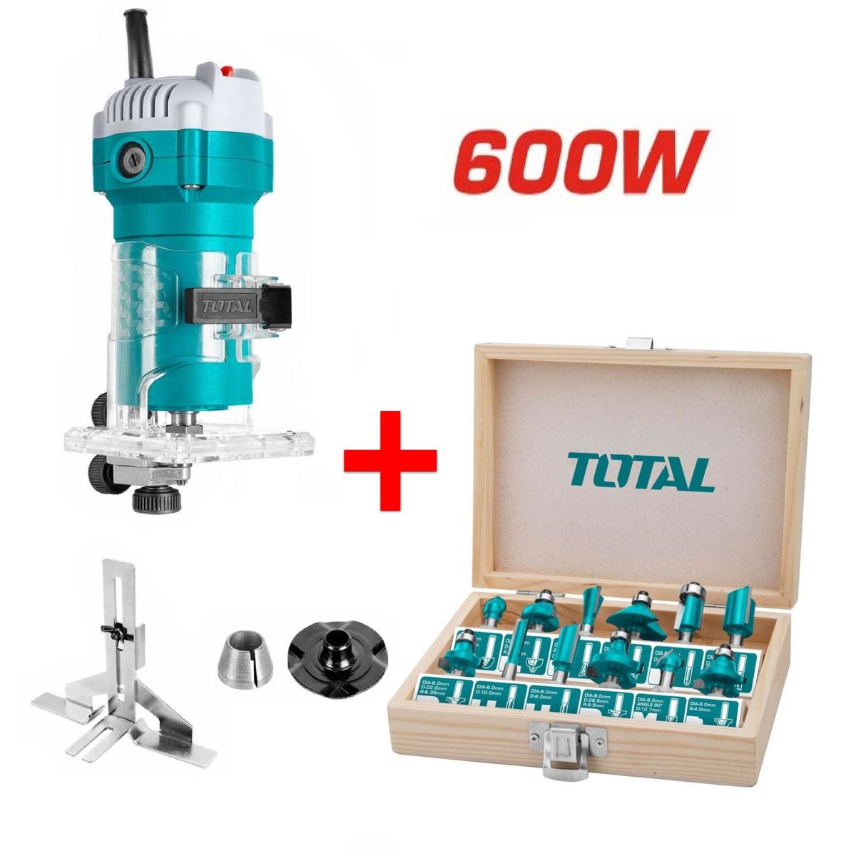 TOTAL TOOLS - Ruteadora Fresadora de Palma 600W + Fresas Total ¼ Ruteadora 6mm