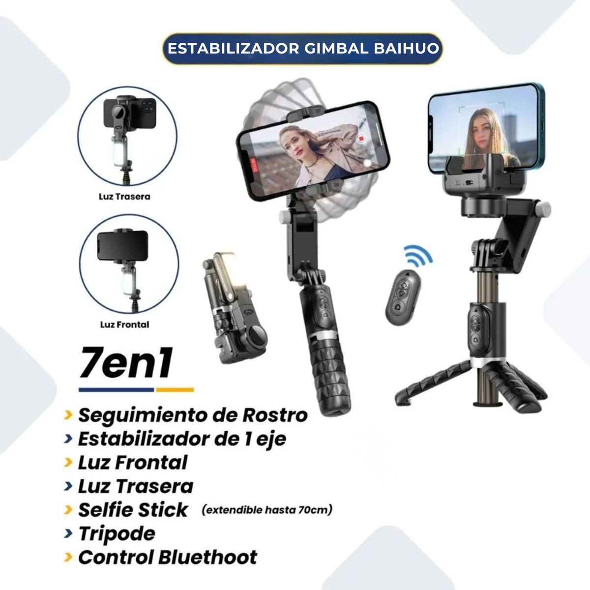 GENERICO - Estabilizador 7 en 1 con Seguimiento Facial 360°, Trípode, Luz LED  y Control Bluetooth