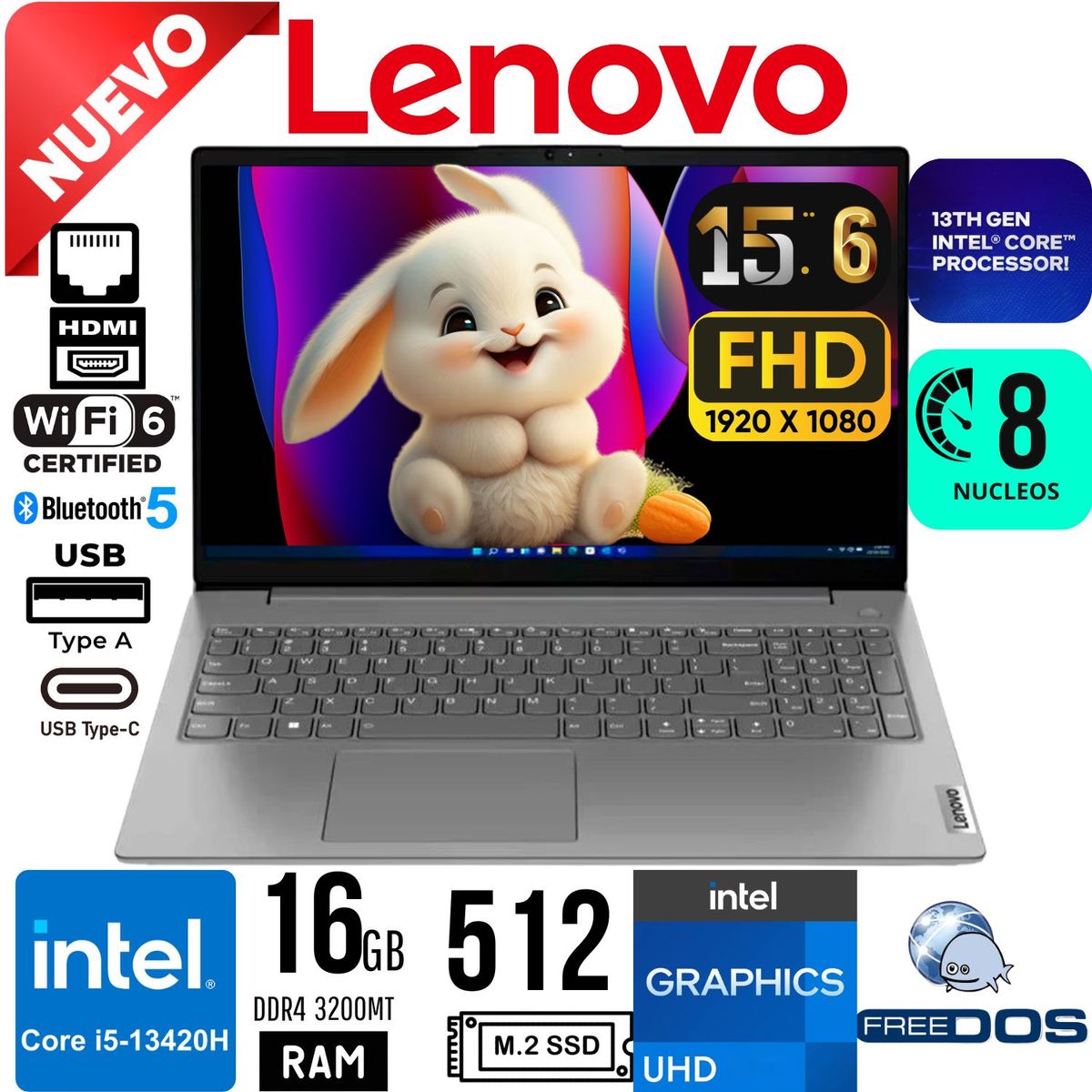 LENOVO - Laptop Lenovo V15 G4 Intel Core i5 13420H Ram 16Gb  SSD 512Gb 15.6"FHD FreeDos