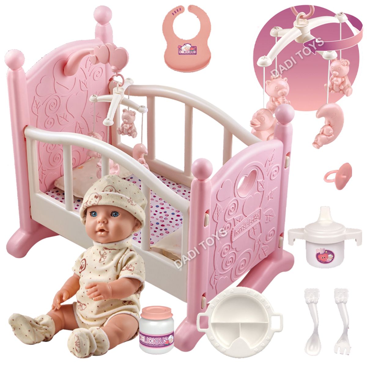 GENERICO - Cuna Mecedora con Muñeca y Sonidos Incluye Set de Alimentación