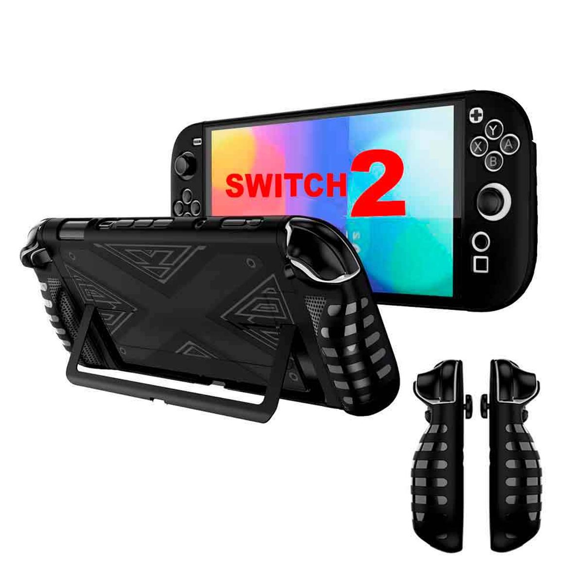 VARIOS - Case para Nintendo Switch 2 Ergonómico 3 Piezas Rígido y Silicon Negro, for