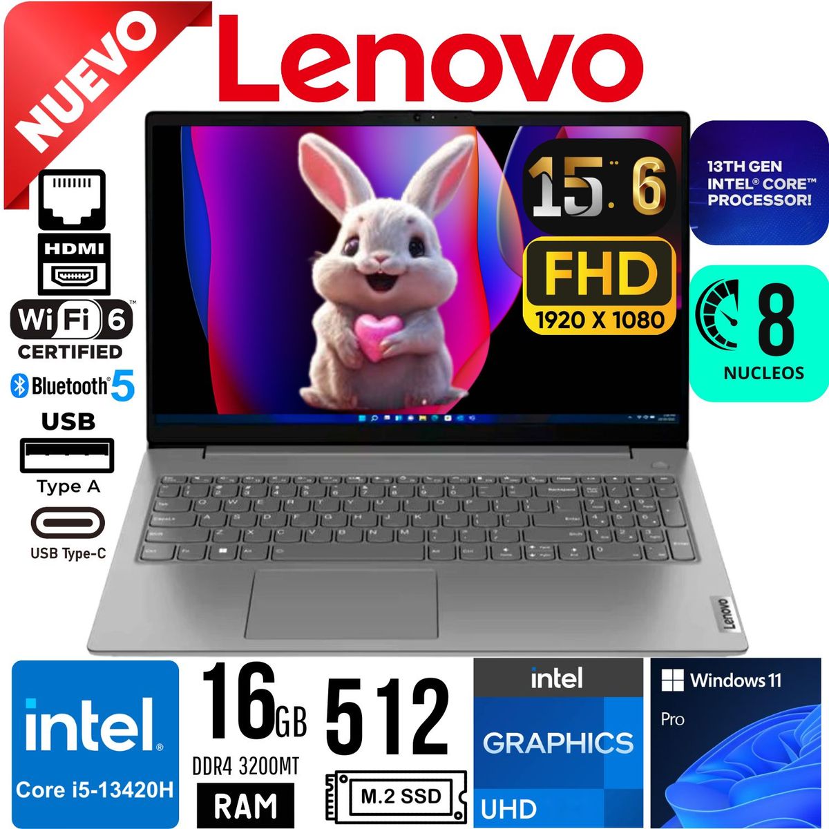 LENOVO - Laptop Lenovo V15 G4 Intel Core i5 13420H Ram 16Gb  SSD 512Gb 15.6"FHD Windows 11 Pro