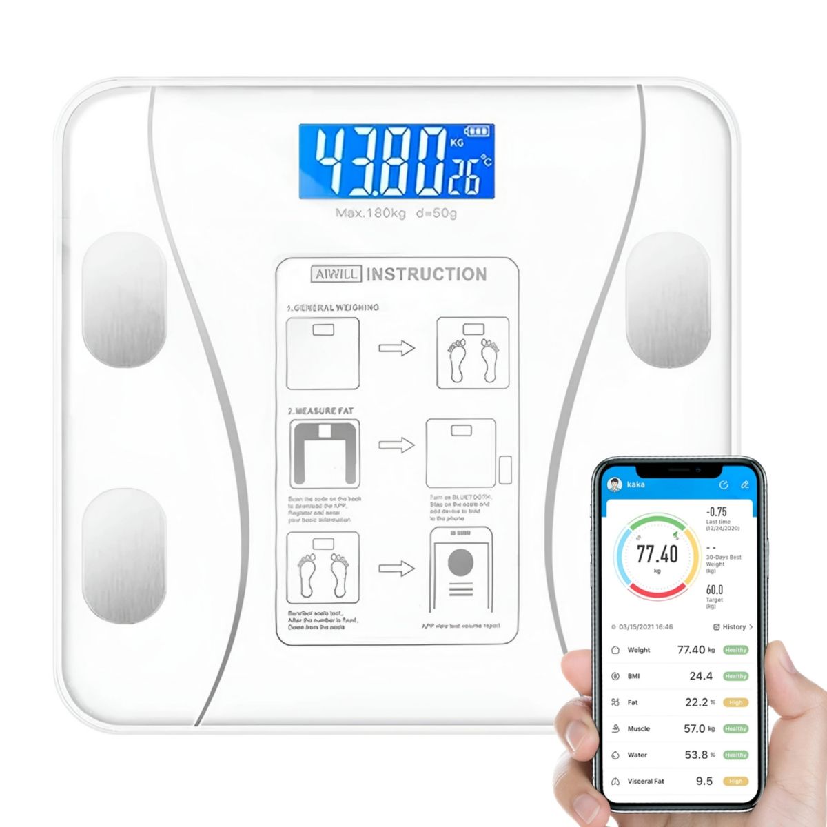 GENERICO - Balanza Digital Bluetooth capacidad 180 kg blanco