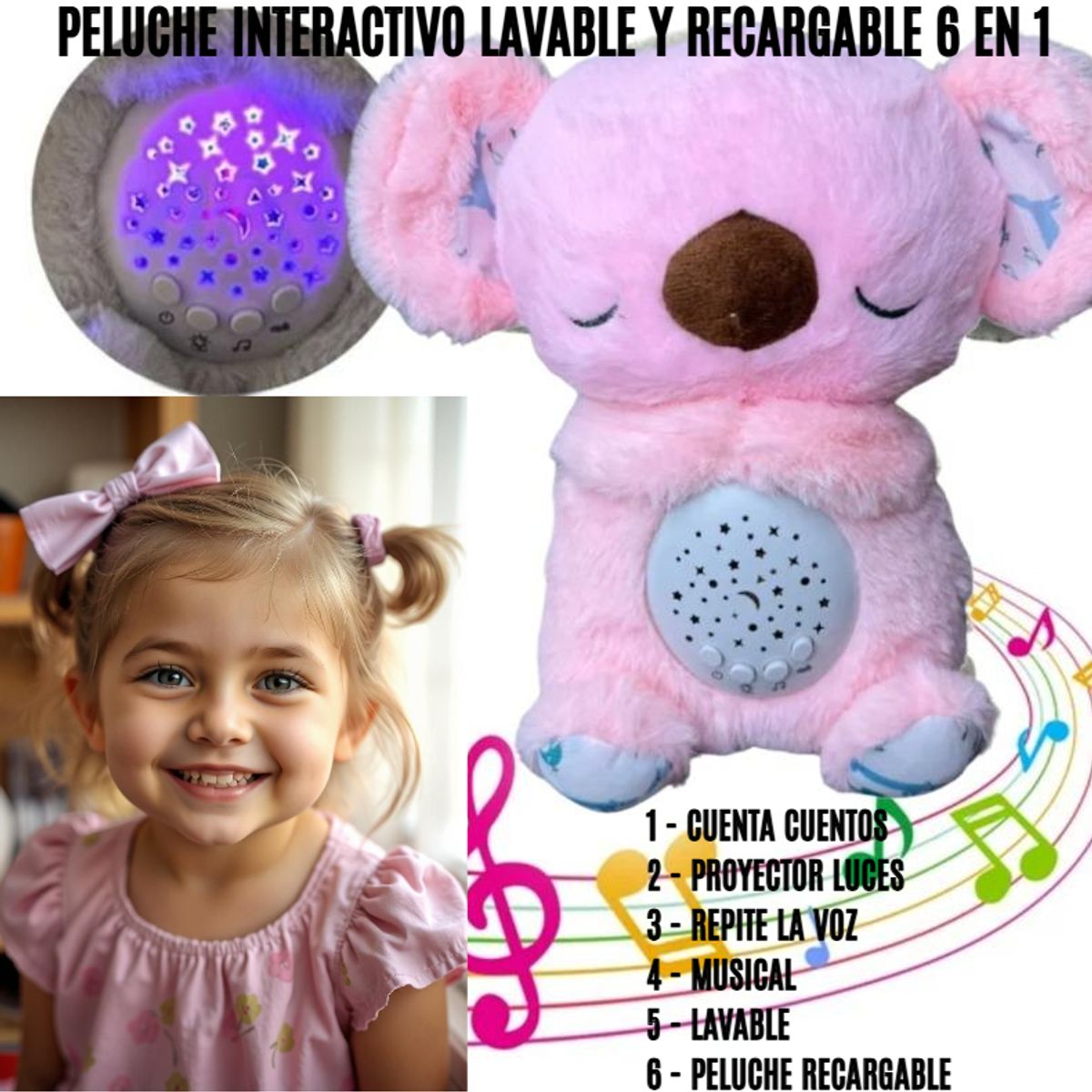 GENERICO - PELUCHE INTERACTIVO LAVABLE RECARGABLE CUENTA CUENTOS KOALA 6 EN 1