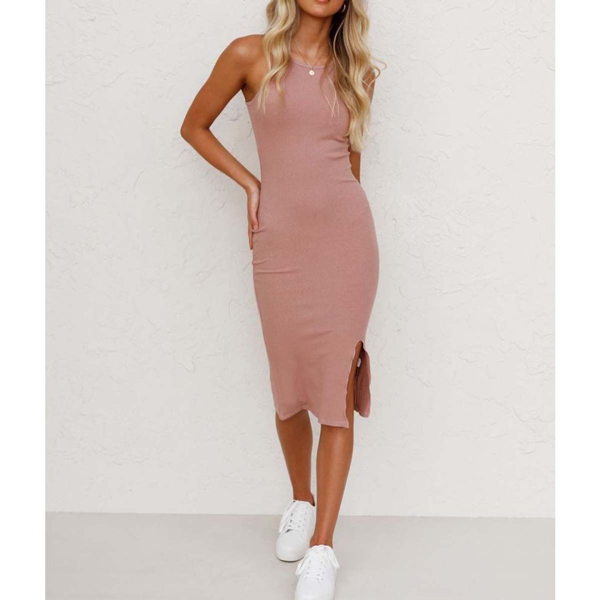 42AROZINA - Sin mangas de punto Split Elegante Vestidos Largos