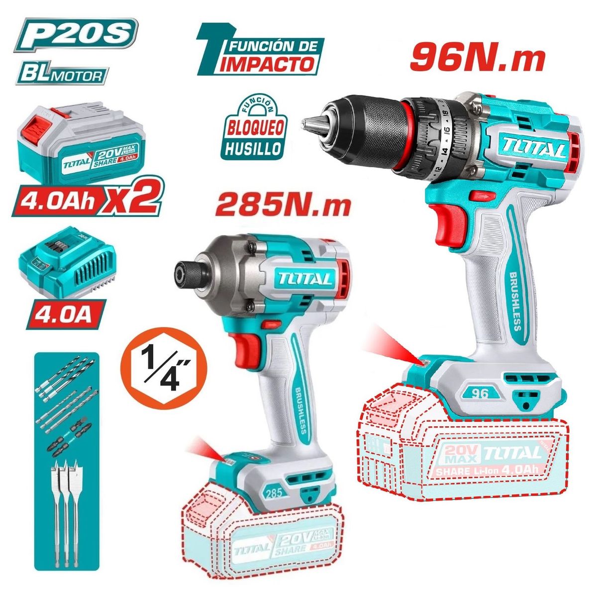 TOTAL TOOLS - Atornillador De Impacto 20v 285NM + Taladro de 96NM Combo industrial