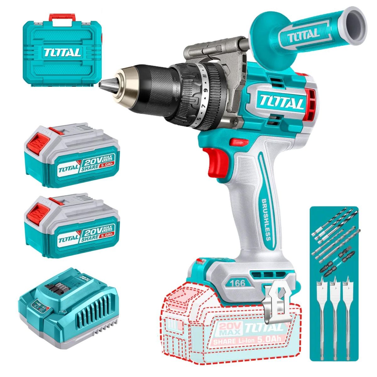 TOTAL TOOLS - Taladro Percutor 166Nm + 2 Baterias 5Ah + Cargador 20v Total