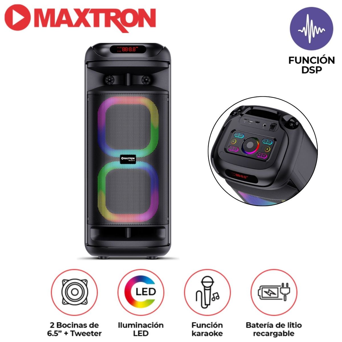 MAXTRON - Torre de Sonido Maxtron Mx 601 Becker 02 Bocinas 6,5  pulgadas 01 Micrófono Luces LED