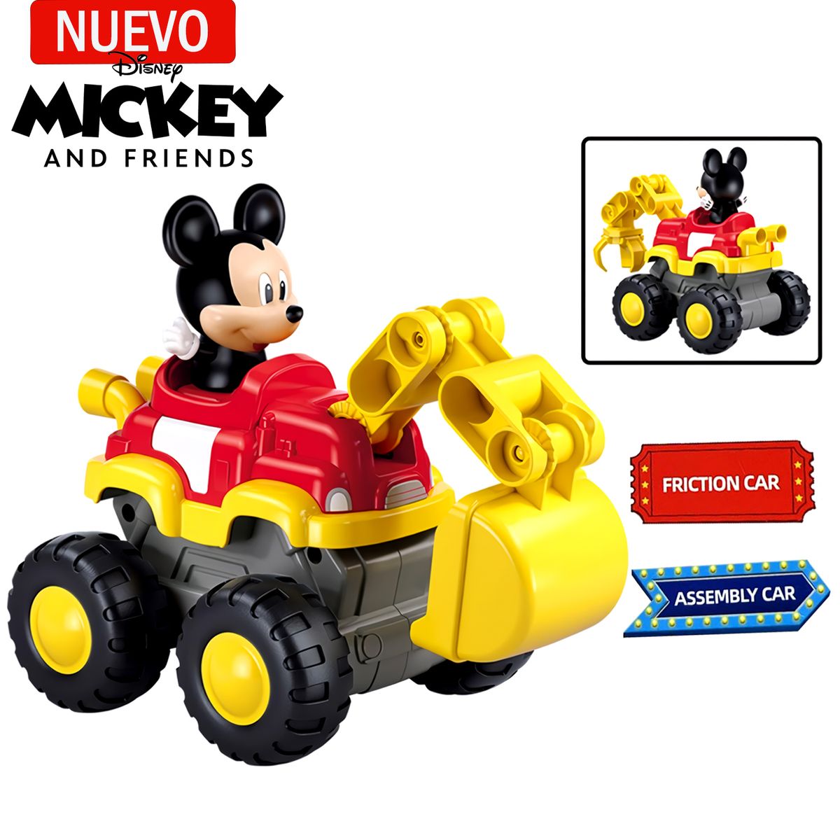 DISNEY BABY - Juguete Excavadora de fricción de Mickey +Camión 2 en 1 14 piezas