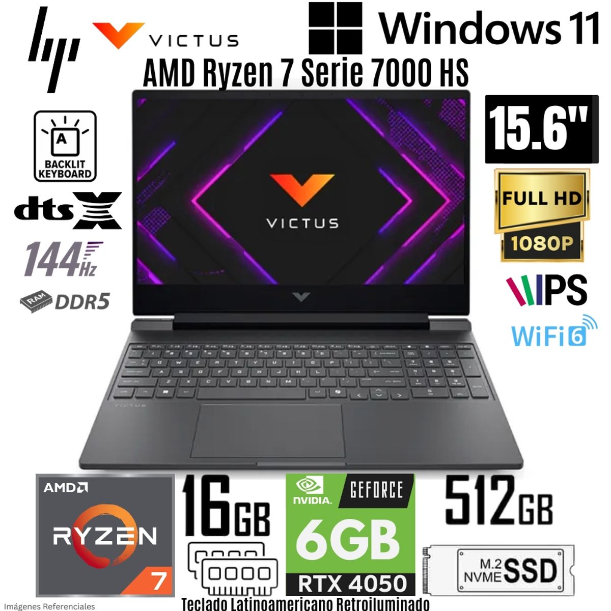 HP - Laptop HP Victus 15-FB3022LA AMD Ryzen 7 7445HS 16GB RAM  512GB SSD RTX 4050-6GB 15.6"  FHD 144HZ