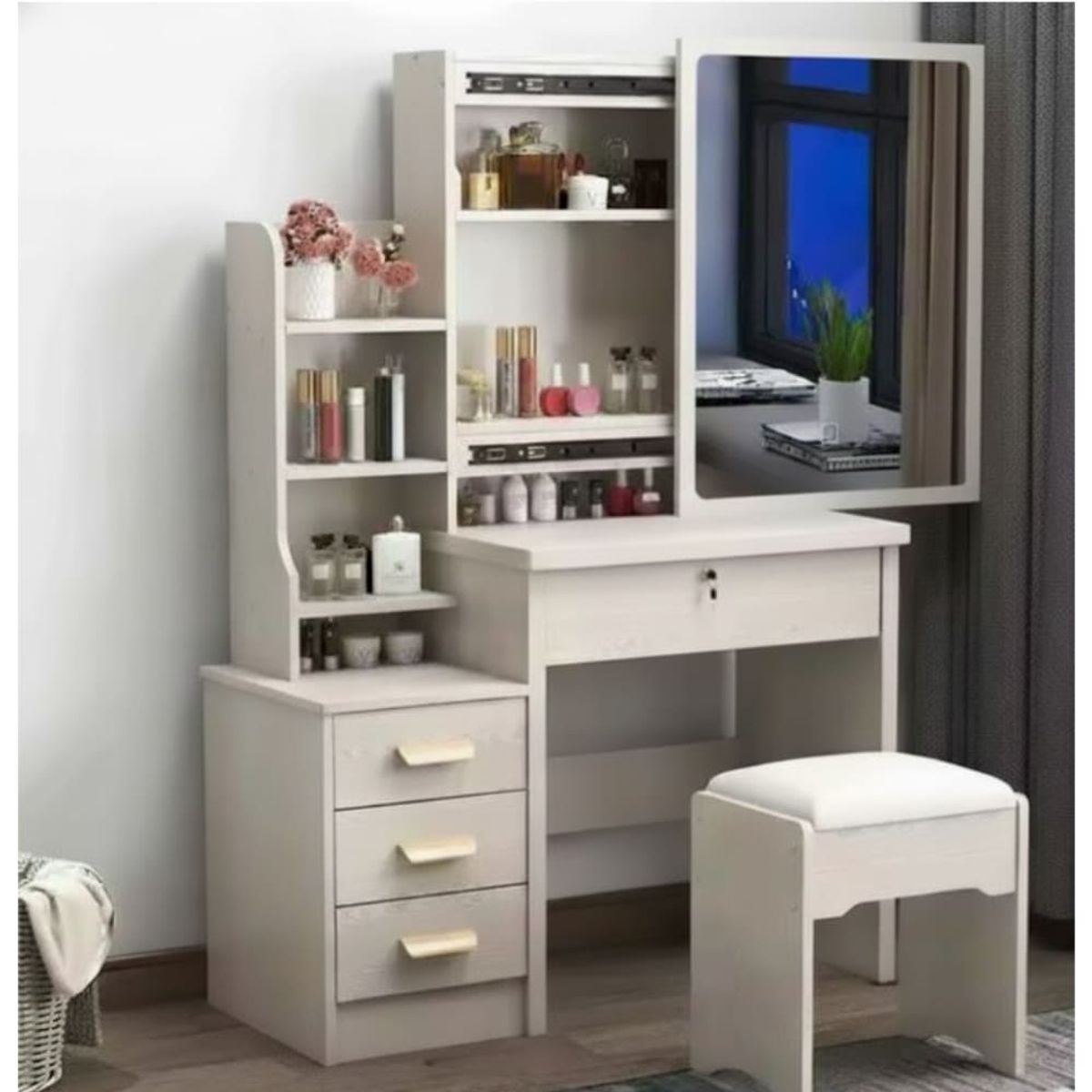 GENERICO - Tocador De Maquillaje Mueble Estante Con Espejo Multiusos - Beige