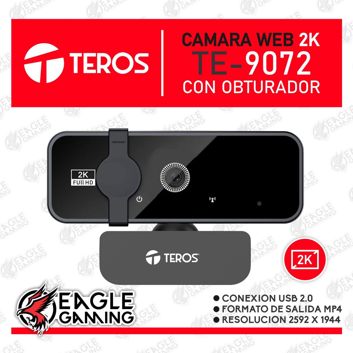 TEROS - Cámara webcam 2K Teros TE-9072 con micrófono USB + tripode