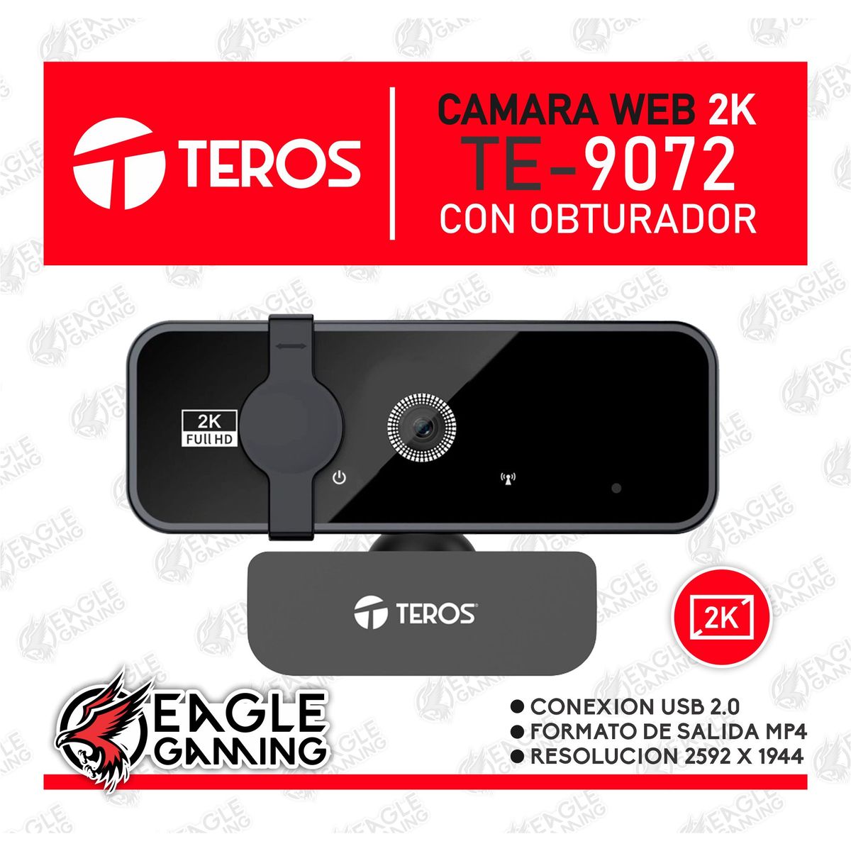 TEROS - Cámara webcam 2K Teros TE-9072 con micrófono USB + tripode