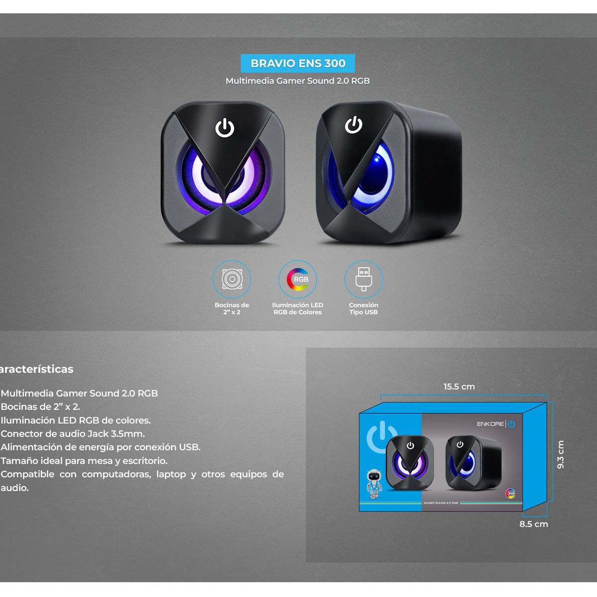 GENERICO - Set De 2 Mini Parlantes Con Cable USB y Luz RGB Para PC / Laptop