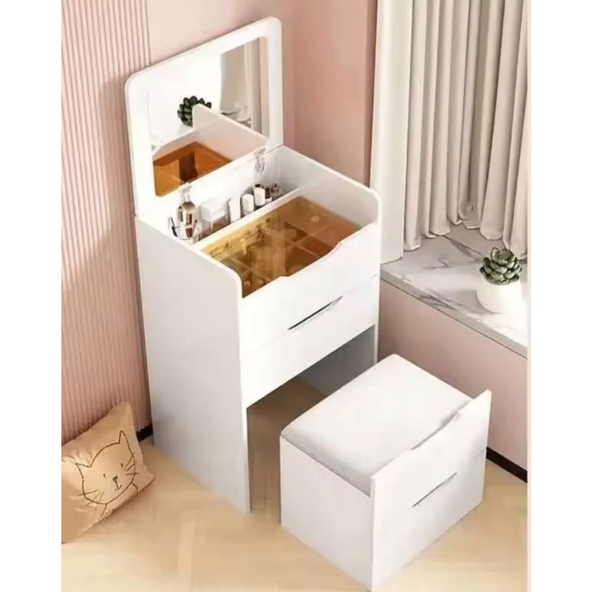 GENERICO - Tocador Mueble Con Sillon Plegable Organizador Multiusos - Color Blanco