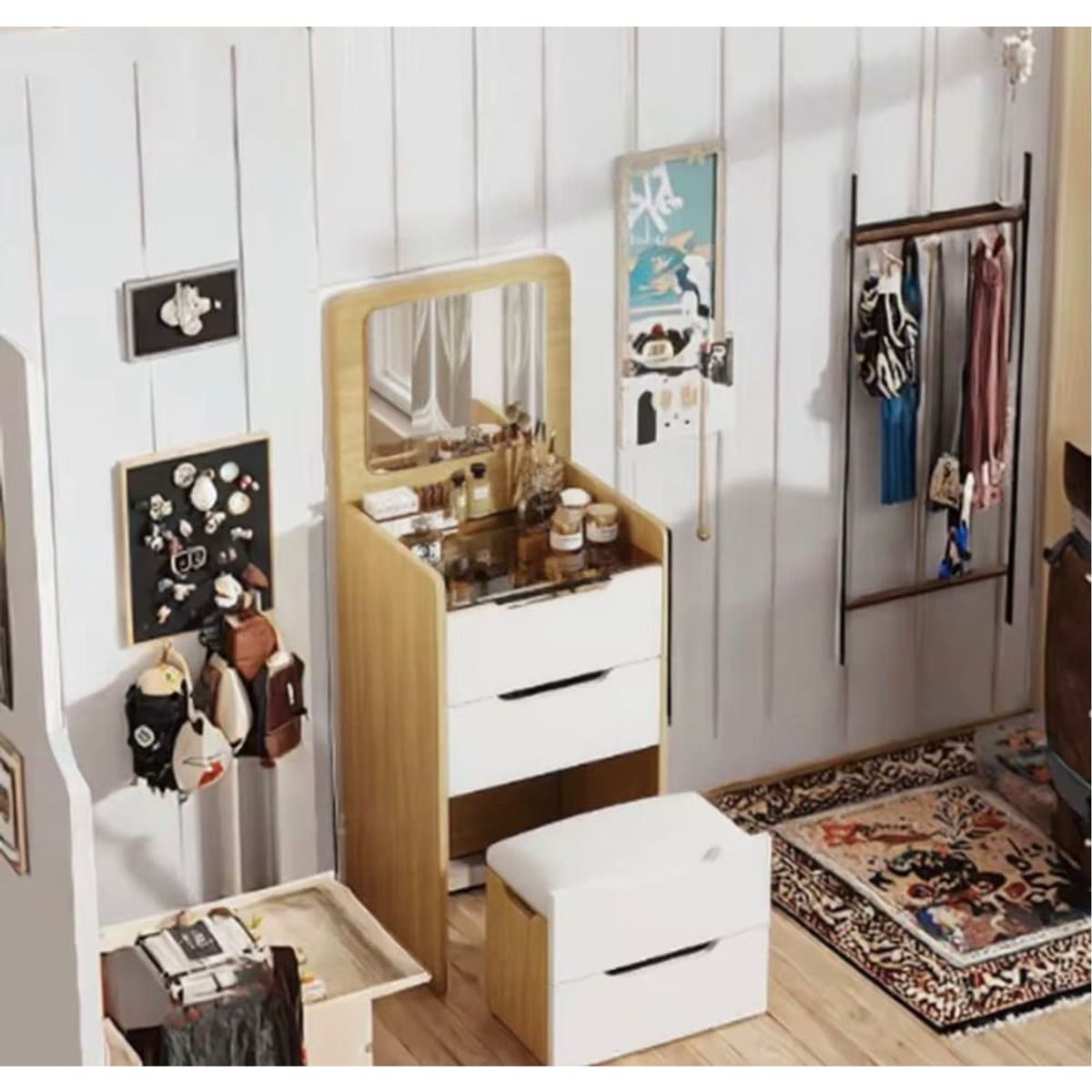 GENERICO - Tocador Mueble Con Sillon Plegable Organizador Multiusos - Color Madera