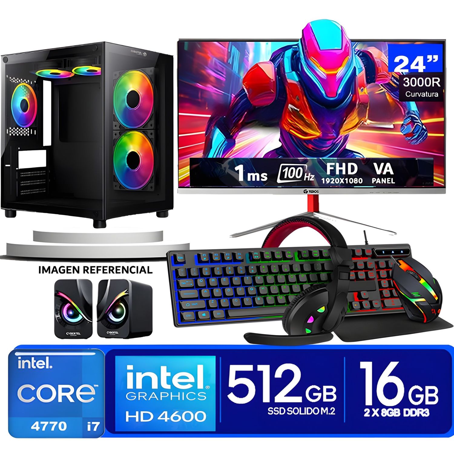 Computadora Pc Intel Core i7 4770  Monitor 24 fhd' RAM 16 GB SSD 500 GB PARLANTES