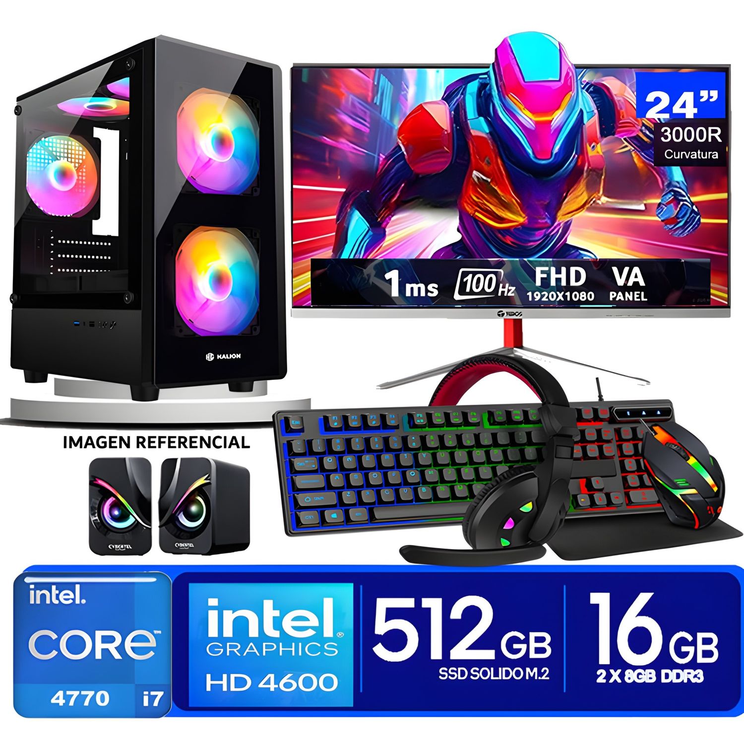 Computadora Pc Intel Core i7 4770  Monitor 24 fhd' RAM 16 GB SSD 500 GB PARLANTES