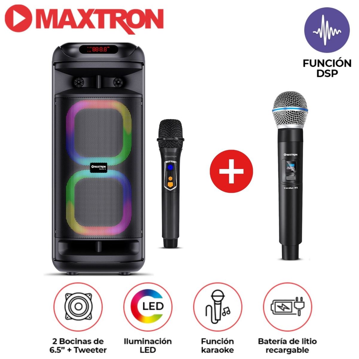 MAXTRON - Promo Torre de Sonido Maxtron Mx 601 Becker 02 Bocinas 6,5 pulgadas 02 Micrófono Luces LED