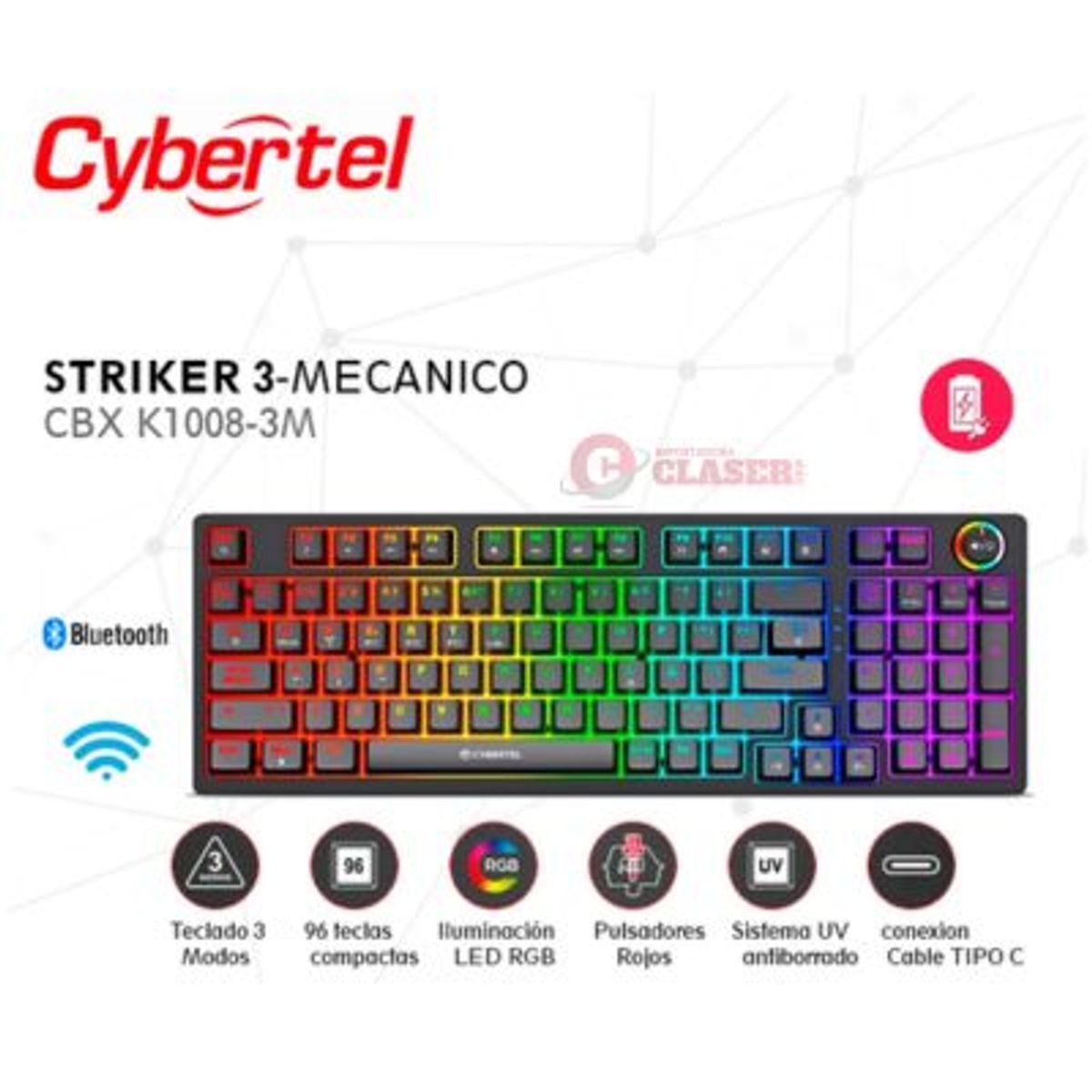 CYBERTEL - TECLADO CYBERTEL GAMER MECANICO STRIKER CBX K1008 3M RGB  96KEYS BT WIFI