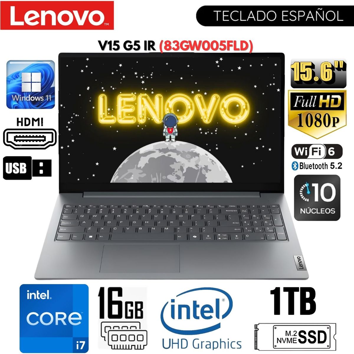 LENOVO - Laptop Lenovo V15 G5 IRL 15.6" FHD TN, Intel Core i7-13620H, Ram 16GB,SSD 1TB, Win 11 Pro-83GW005FLD