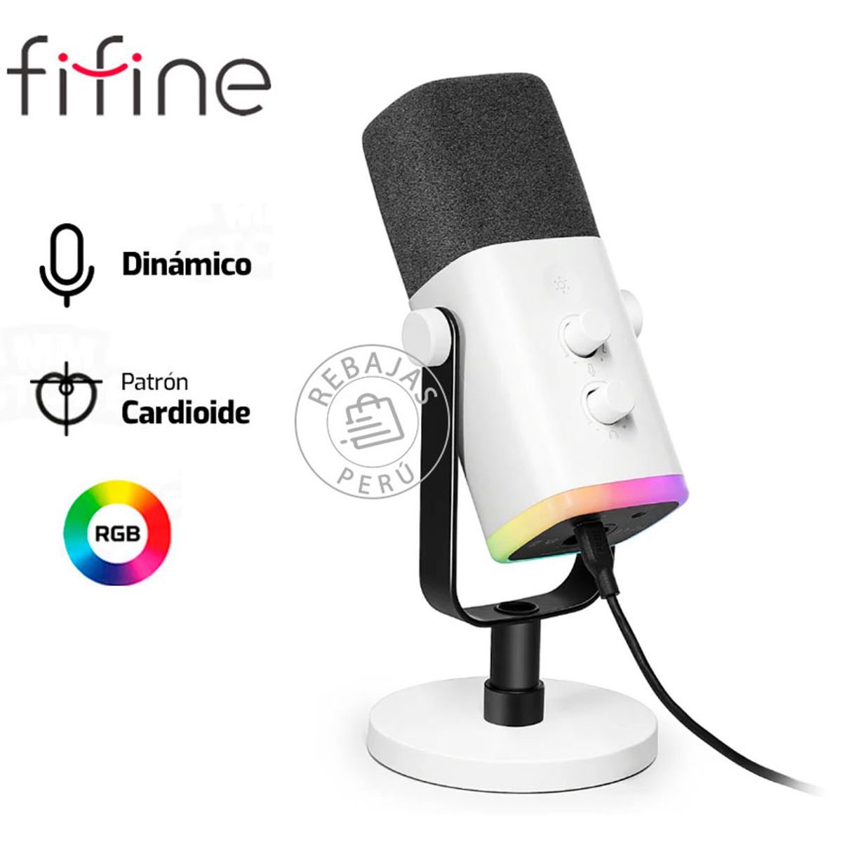 FIFINE - Micrófono Fifine AM8 White Dinámico USBXLR con RGB y Mute