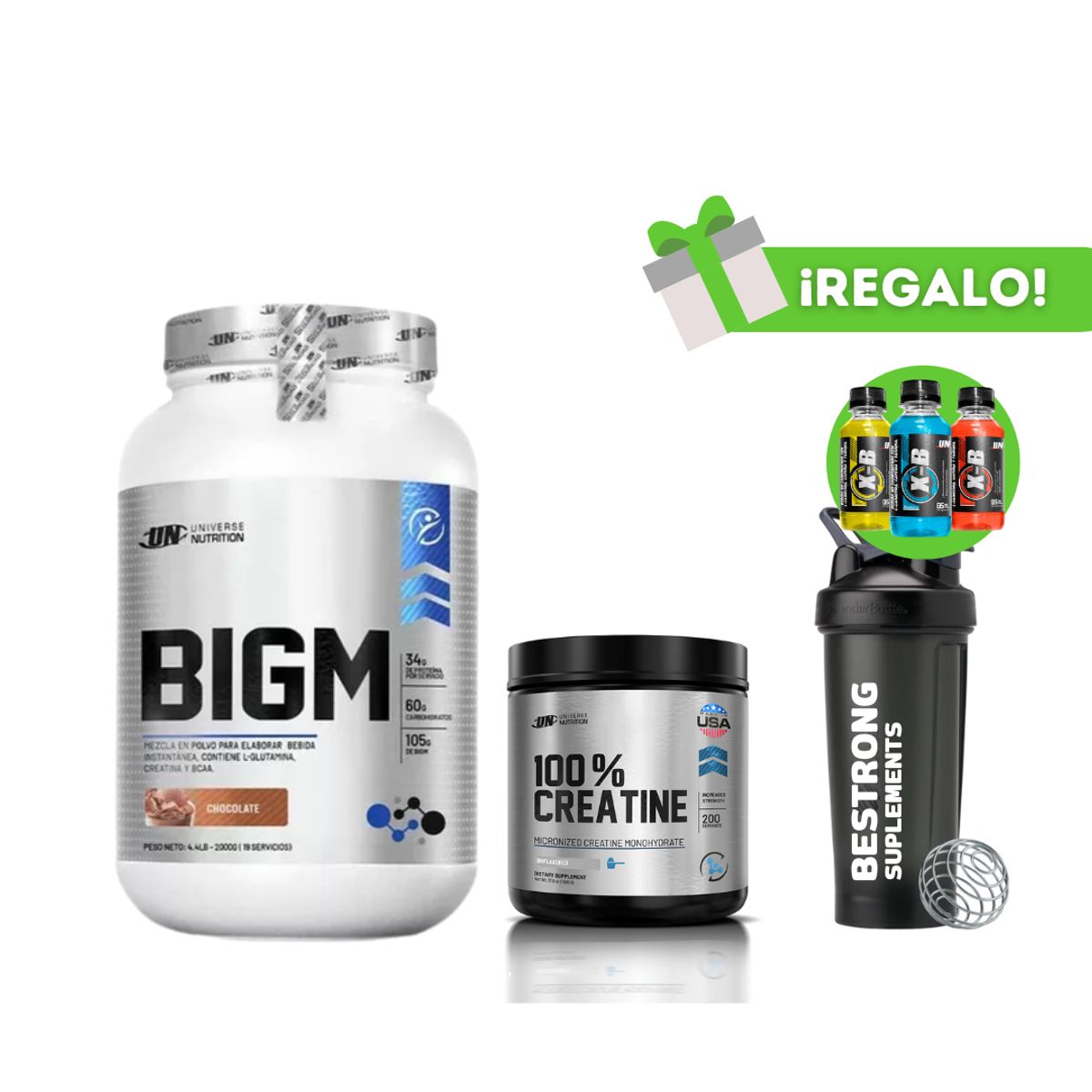 UNIVERSE NUTRITION - PROTEÍNA BIGM 2KG CHOCOLATE + CREATINA UN 150G + SHAKER + 3 XB