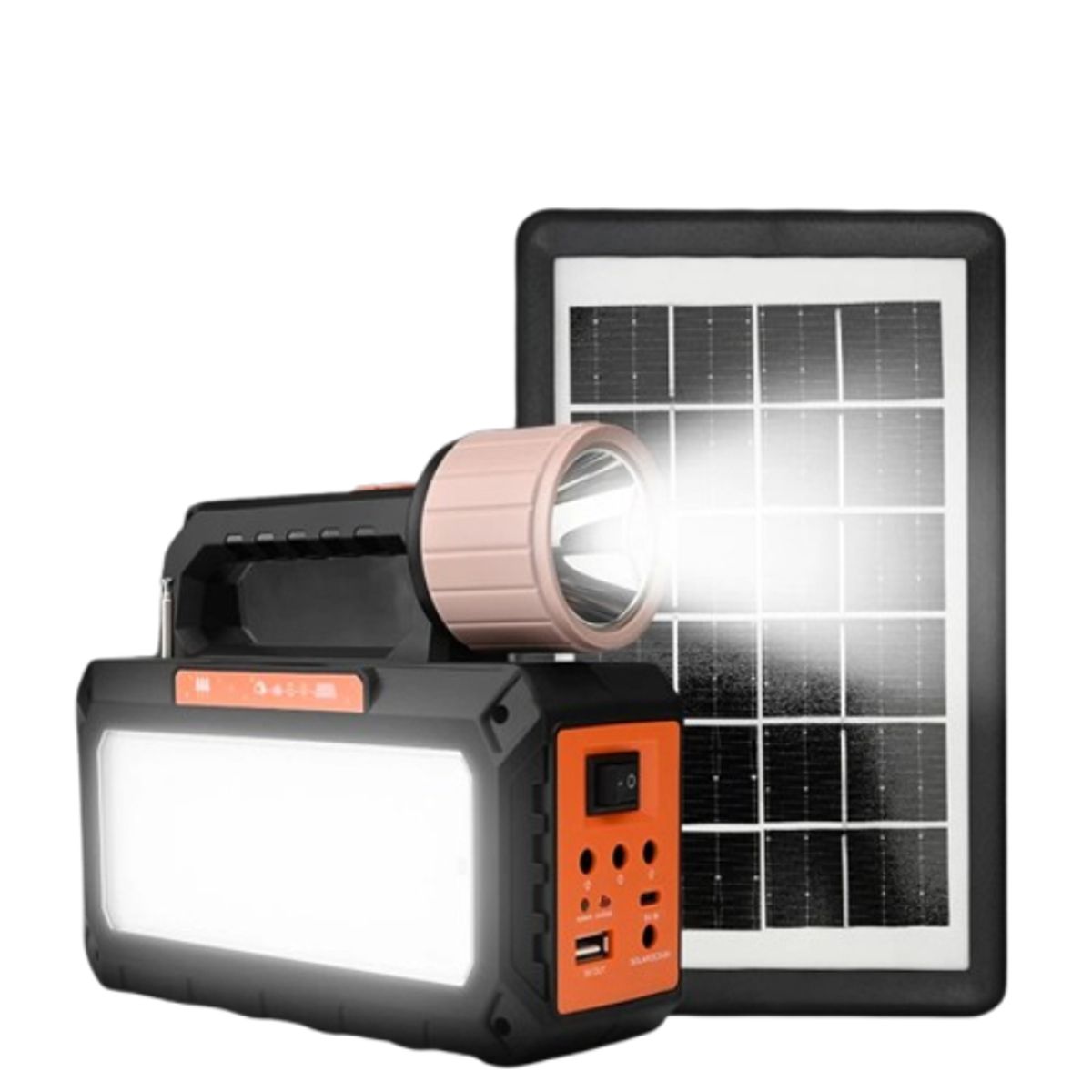 PREMIUM - Kit Cargador Portatil Solar Parlante 4500mah + 3 Focos Naranja