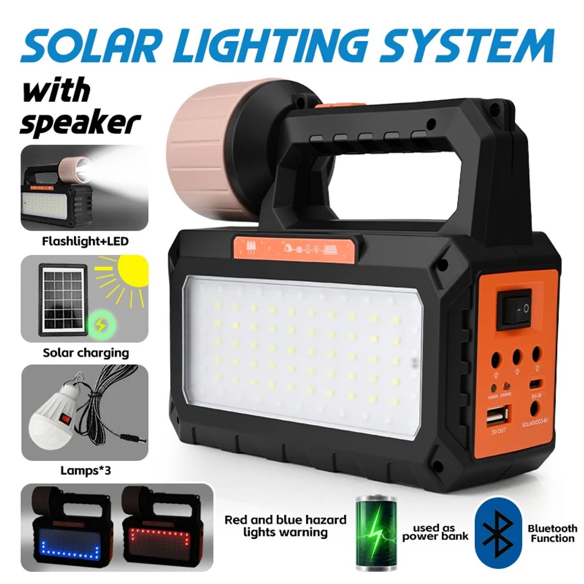 PREMIUM - Kit Cargador Portatil Solar Parlante 4500mah + 3 Focos Naranja