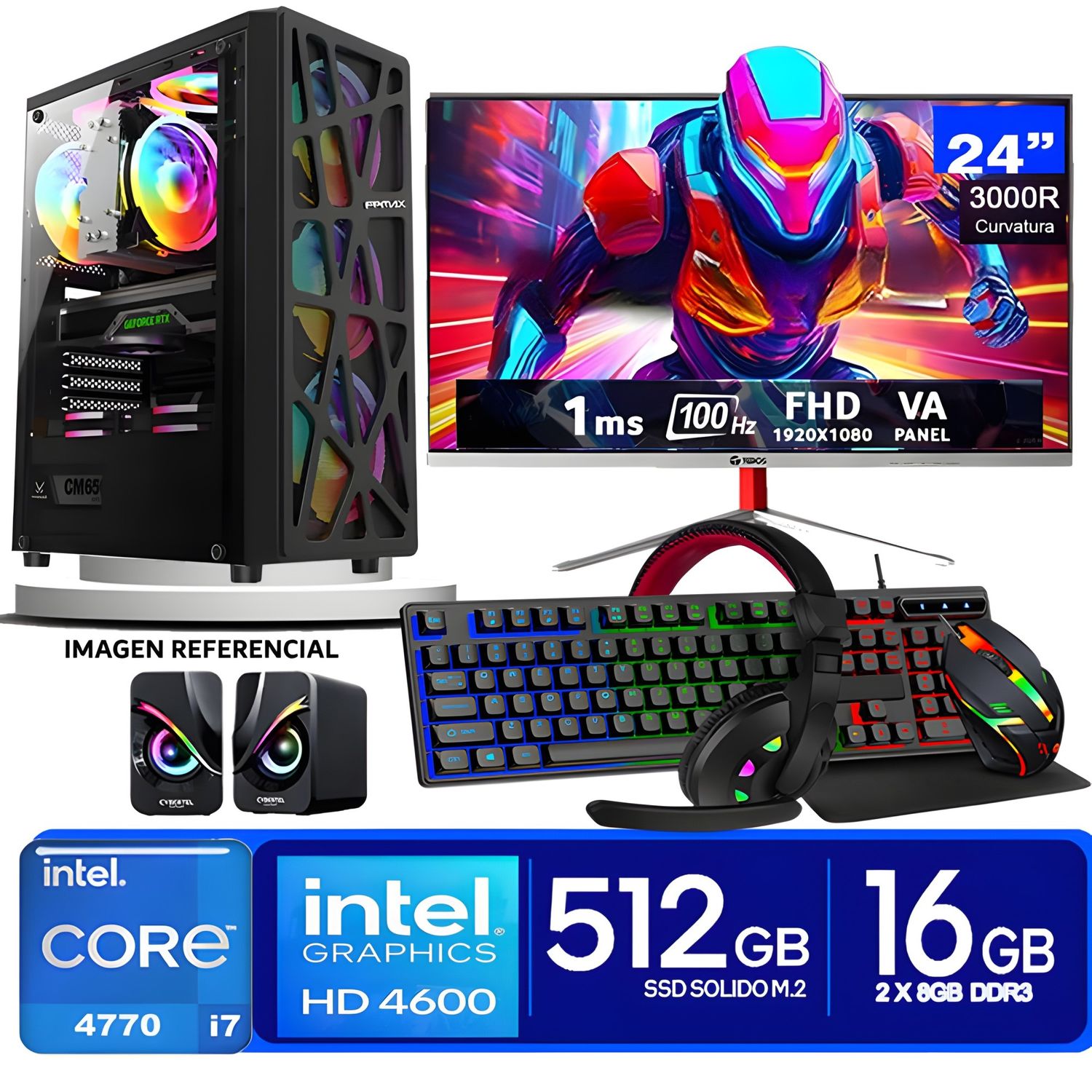 Computadora Pc Intel Core i7 4770  Monitor 24 fhd' RAM 16 GB SSD 500 GB PARLANTES