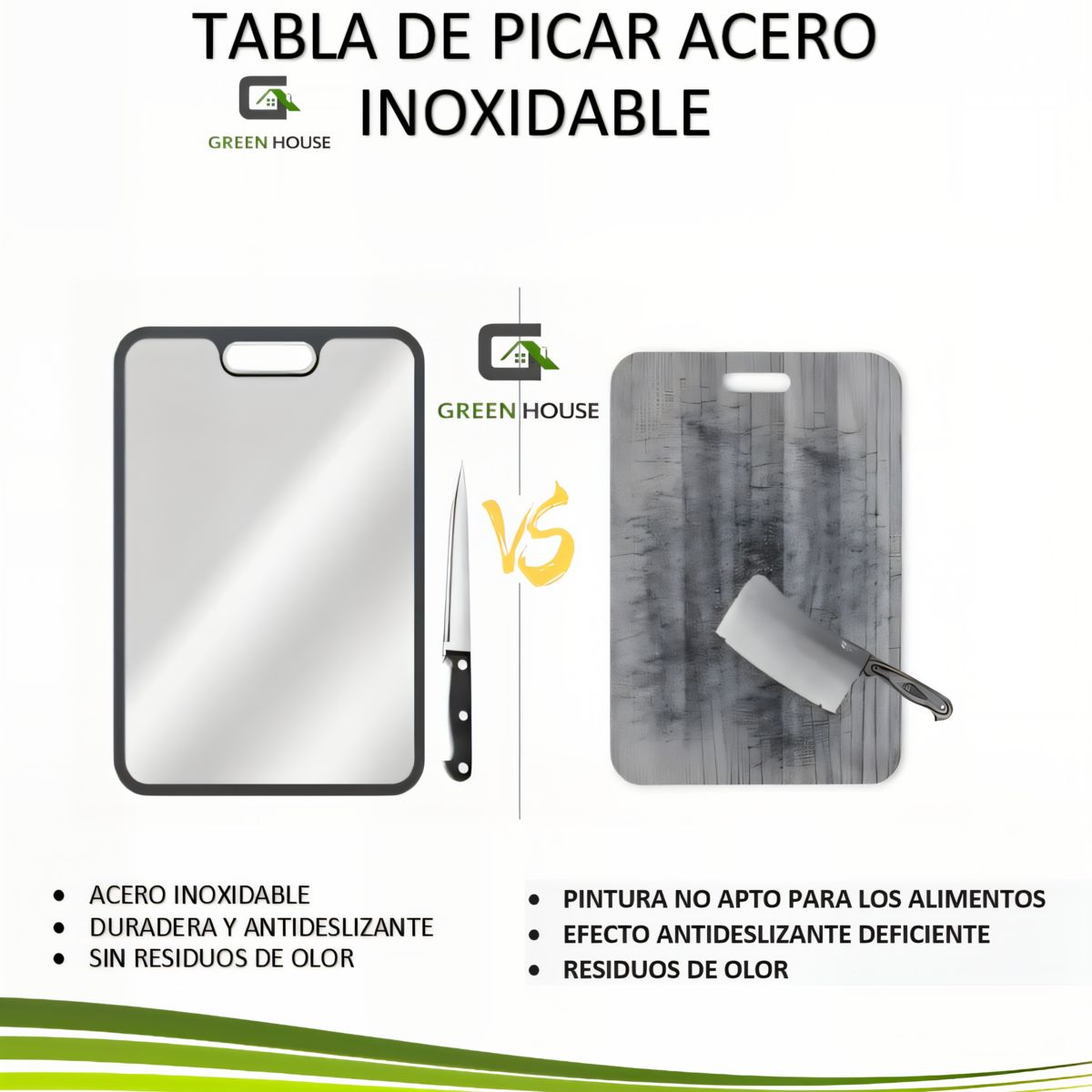 GREEN HOUSE - TABLA DE PICAR REVERSIBLE ACERO INOXIDABLE
